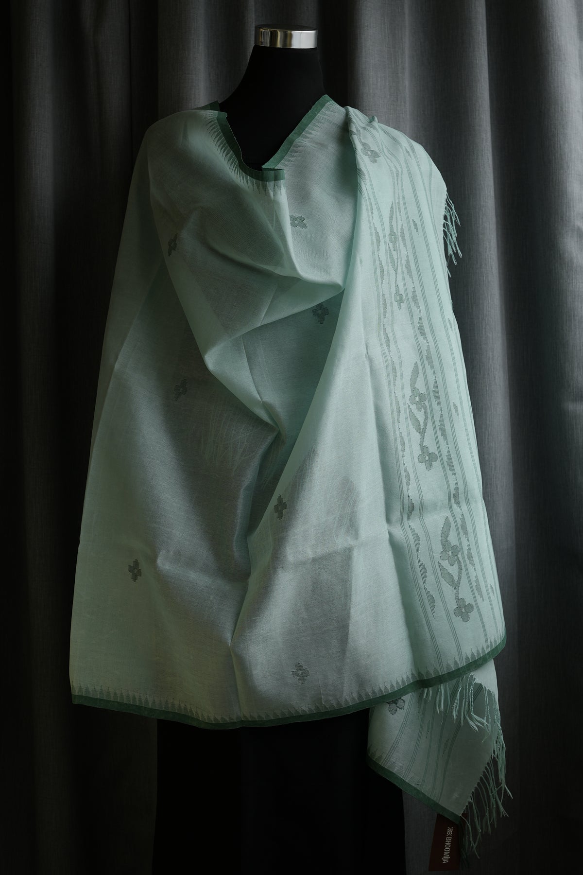 Teal green handwoven cotton Moirang Phee dupatta