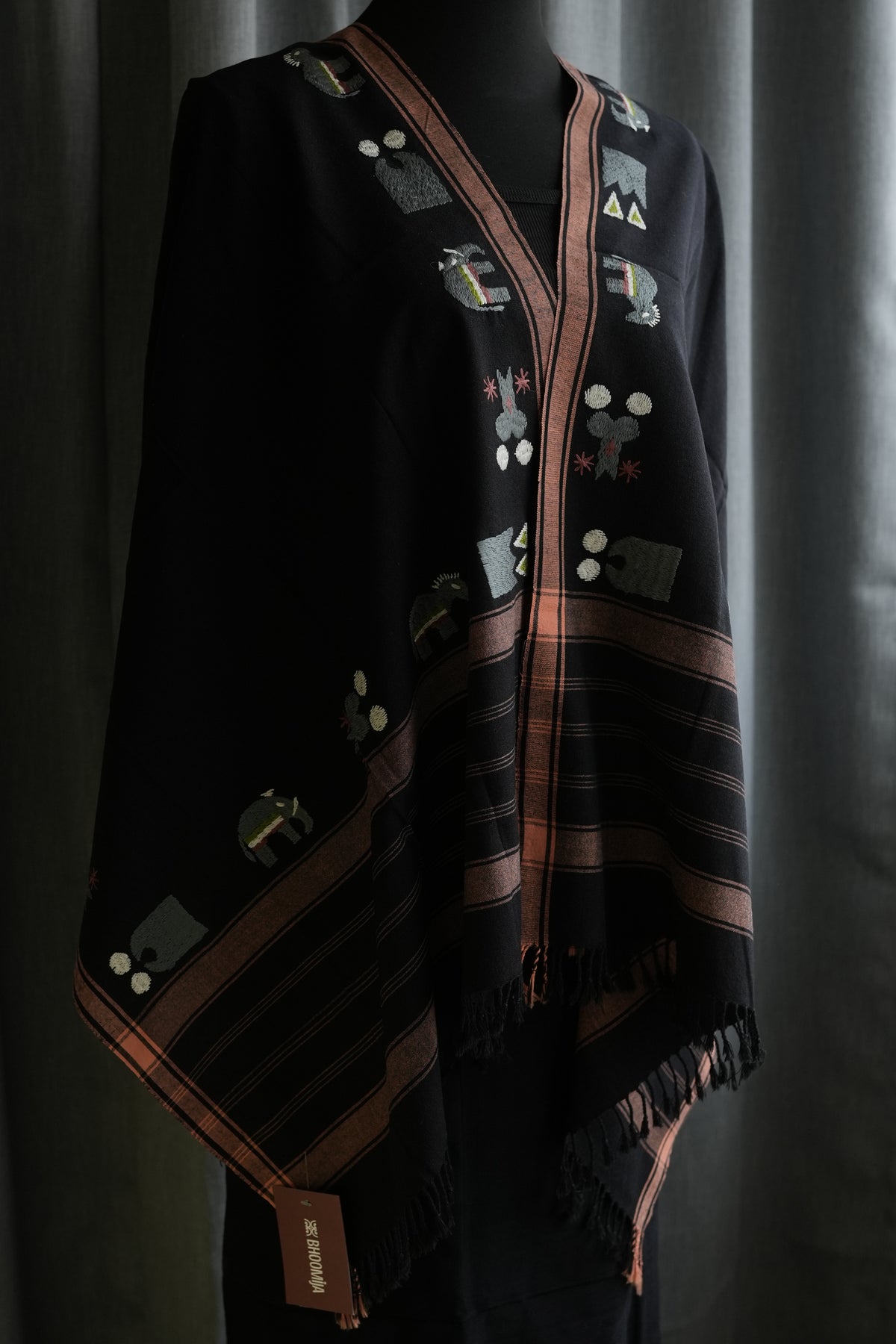 Hand embroidered black Shapee Lanphee stole